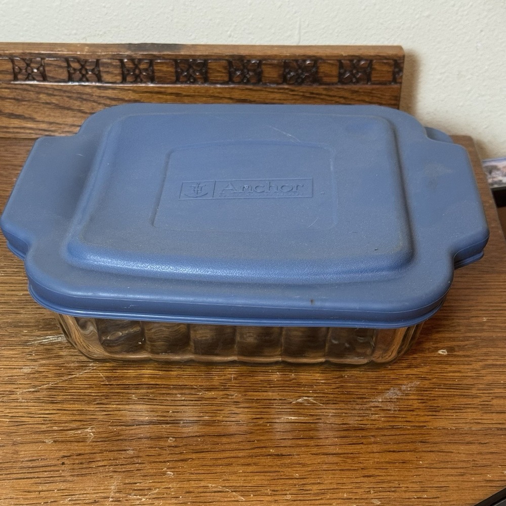 Anchor Hocking 8x8 Glass Baking Dish Blue Lid Vintage Casserole Pan USA